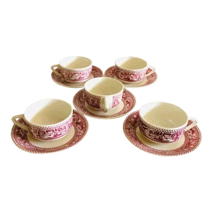 Vintage Memory Lane Royal Ironstone Reddish Pink Transfer-Ware Teacups Saucers S/5