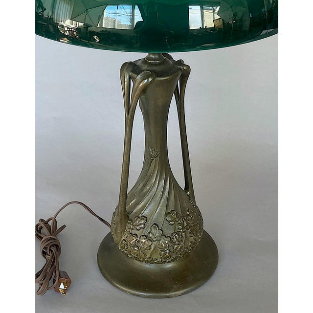 1910s Art Nouveau, Organic Design, Lamp With Large Cased Green Glass Shade, Tall and Special! For Sale - Image 4 of 7