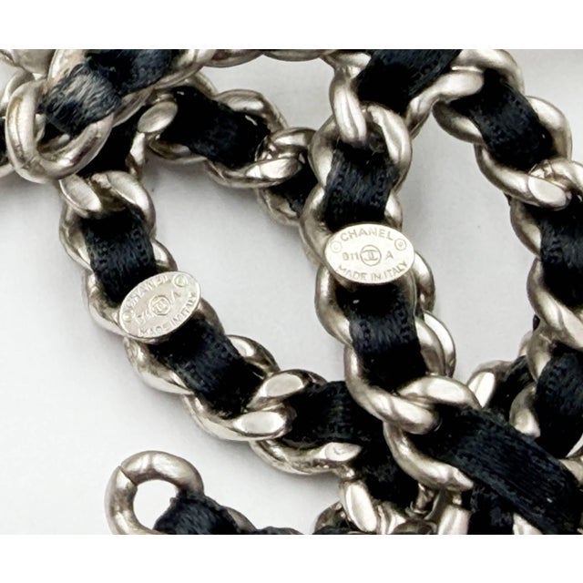 2010s Chanel Silver CC Chain Black Ribbon XL Hoop Earrings, A Pair For Sale - Image 5 of 5