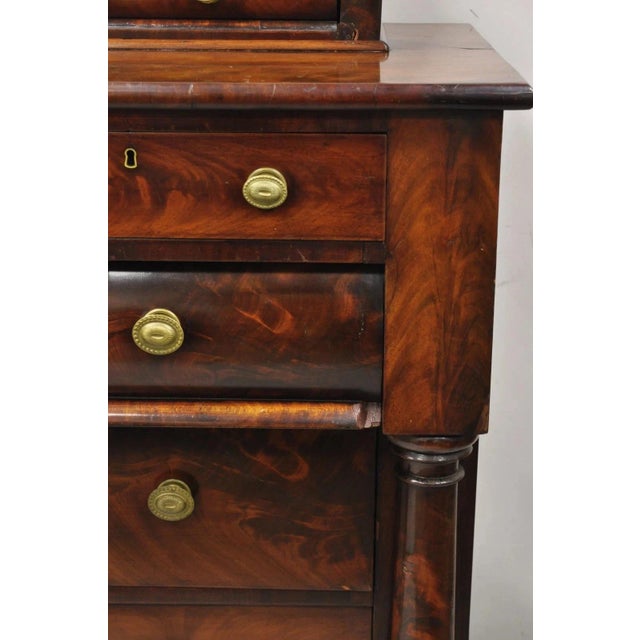 Antique American Empire Crotch Mahogany Step Back Tall Chest Dresser W/ Paw Feet For Sale - Image 10 of 12