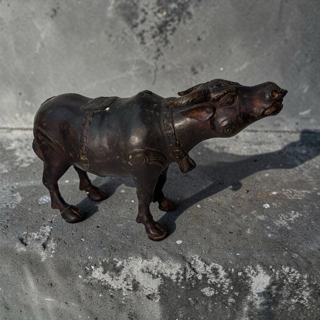Mid 20th Century Antique Asian Cast Metal Water Buffalo Ox Sculpture Engraved Figurine 8.5" For Sale - Image 5 of 18