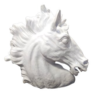 Vintage White Lacquered Earthenware Horse Head Sculpture, 1980s For Sale