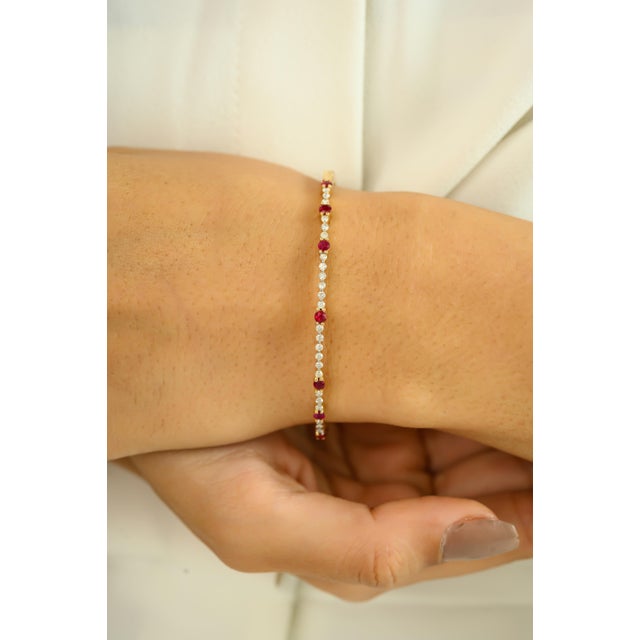 Metal 14k Gold Bangle Bracelet Statement With Rubies & Diamonds For Sale - Image 7 of 11