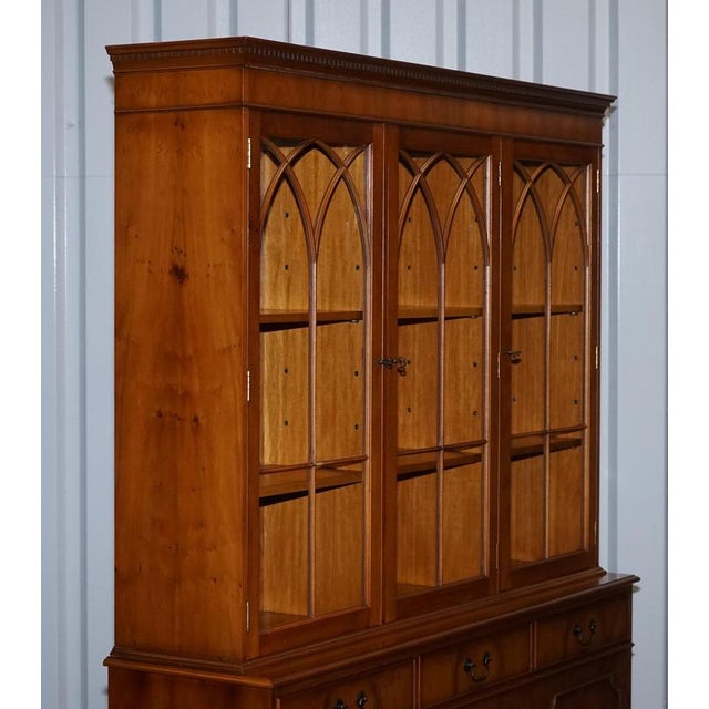 Vintage English Burr Yew Wood 3 Door Glazed Display Bookcase Cabinet For Sale - Image 15 of 18