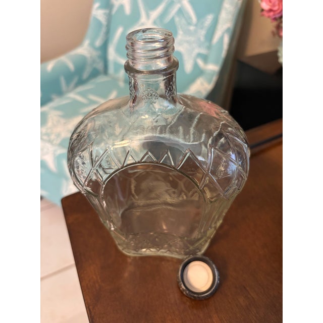 1940s Vintage Canadian Glass Liquor Decanter Bottle With Ornate Metal Cap For Sale - Image 5 of 6