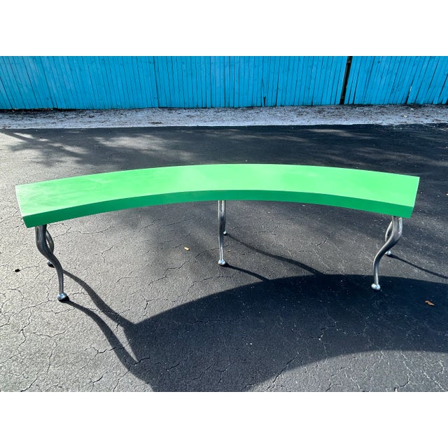 “Soho Bench” Pewter -legs. Watercolour style finish - seat. Custom- demi circle, designed for art wall. - made in SoHo, NY