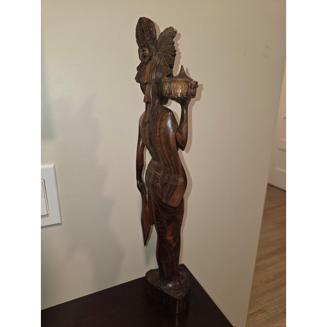 Art Deco Large 18.5" Mid-Century Two-Tone Macassar Ebony Balinese Offering Maiden Sculpture For Sale - Image 3 of 12