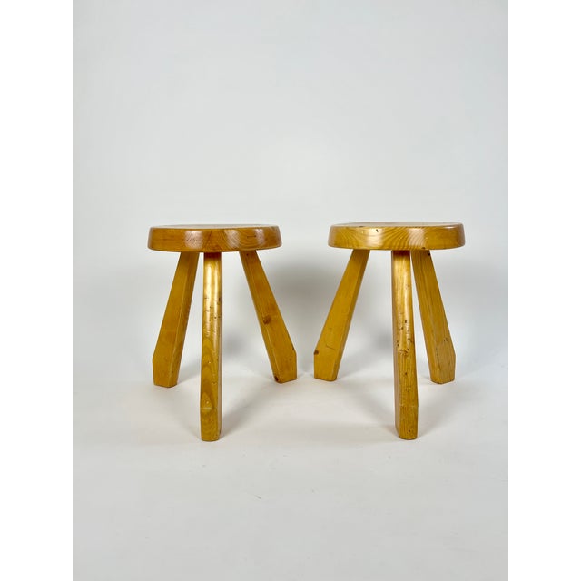Set of Pine Sandoz Stools attributed to Charlotte Perriand for Les Arcs, France, 1960s For Sale - Image 6 of 18