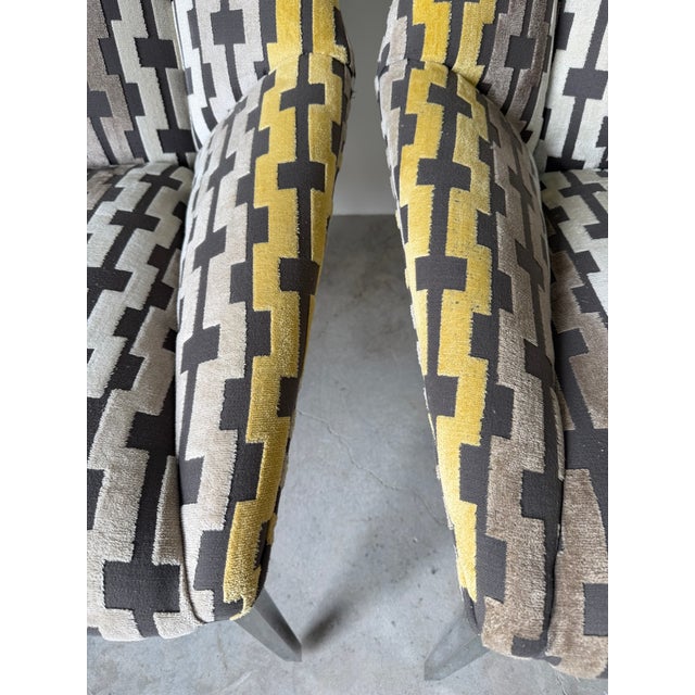 Thayer Coggin Geometric Fabric Upholstery Lounge Chairs With Chrome Legs – A Pair For Sale - Image 10 of 18