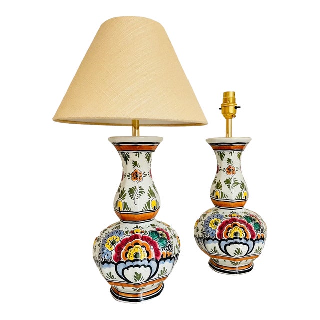 Antique Delft Polychrome Table Lamps from Royal Delft, Set of 2 For Sale