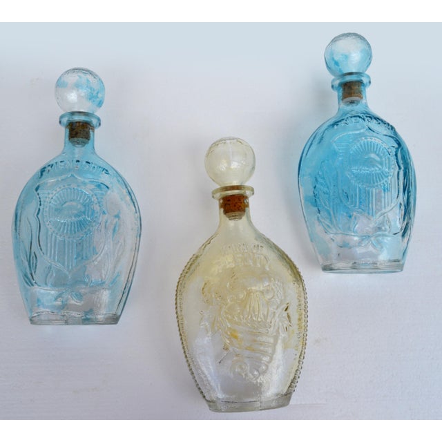 Mid-20th Century American Blown Glass Flasks Decanter Bottles Friendship Horn of Plenty Blue Amber - Set of 3 For Sale - Image 10 of 18