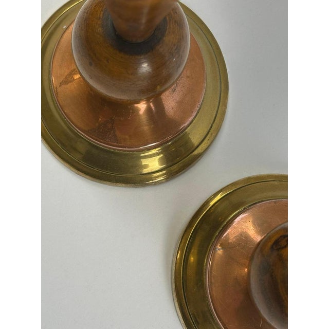 Art Deco English Candlesticks in Hand-Turned Wood, Brass and Copper, 1930s For Sale - Image 6 of 10