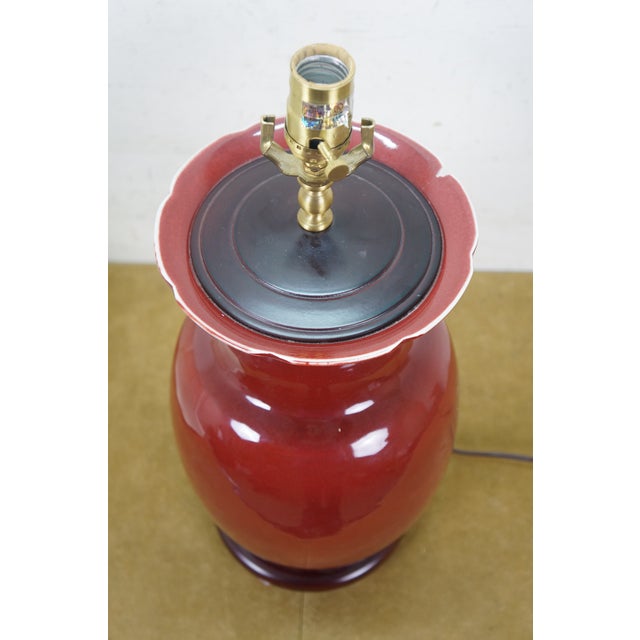 Late 20th Century Chinese Chinoiserie Oxblood Red Porcelain Mantel Vase Urn Table Lamp 34" For Sale - Image 6 of 17