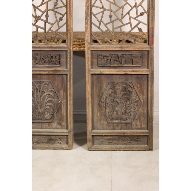 Brown Pair of Chinese Hand-Carved Lattice Architectural Panels, circa 1900 For Sale - Image 8 of 18