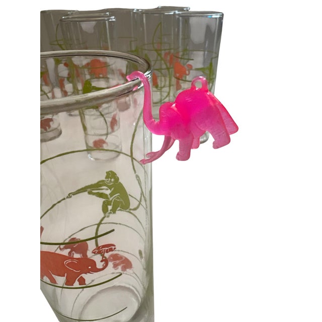 Glass 1950s Federal Glass Pink Elephant & Chartreuse Monkey Highball Cocktail Glasses - Set of 11 With Charms For Sale - Image 7 of 12