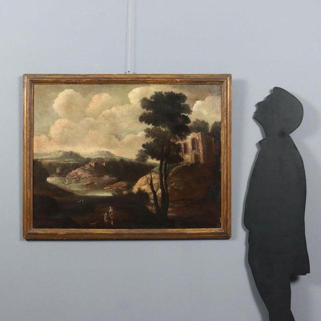 Oil on canvas. Country landscape featuring a small stream, boats, and small clusters of rural homes. In the foreground, a...