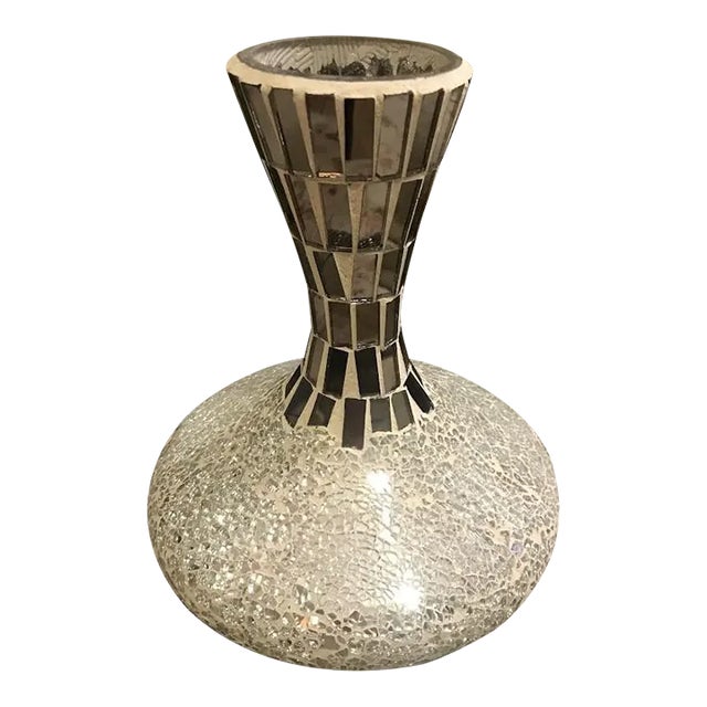 1980s Modern Silver Glass Vase Embellished With Mirrored Pieces For Sale