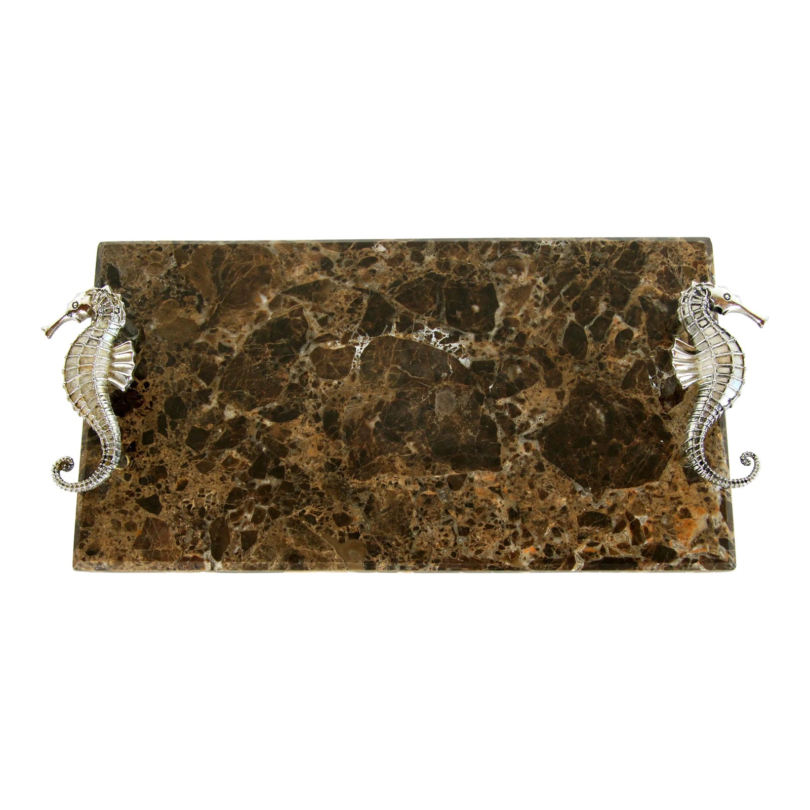 Nautical Brown Tessellated Stone & Silver Seahorse Handled Cheese Serving Platter