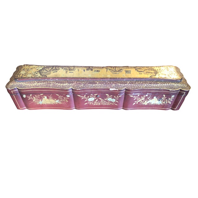 A 19th century Chinese box which most likely held a fan. Beautifully hand painted on the interior with an oriental saying...