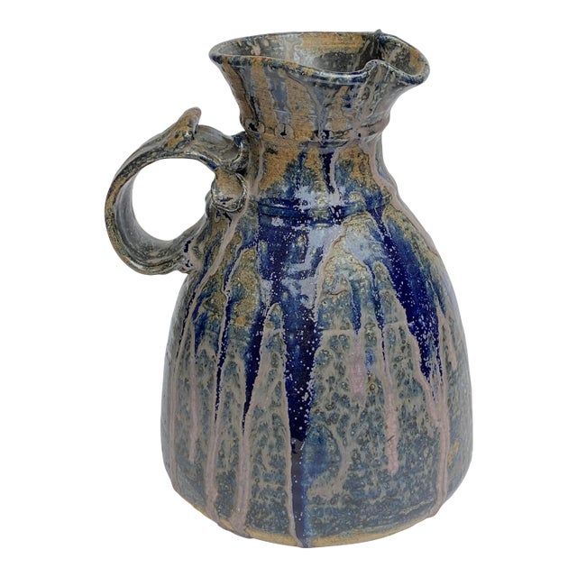 Vintage 1972 Blue Drip Glazed Ceramic Extra Large Jug/Pitcher Signed and Dated by Artist For Sale