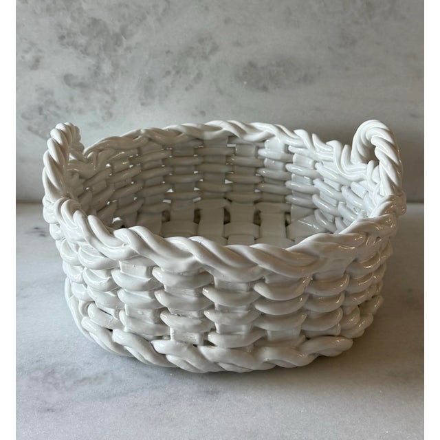 Mediterranean Vintage Italian White Woven Ceramic Basket For Sale - Image 3 of 11