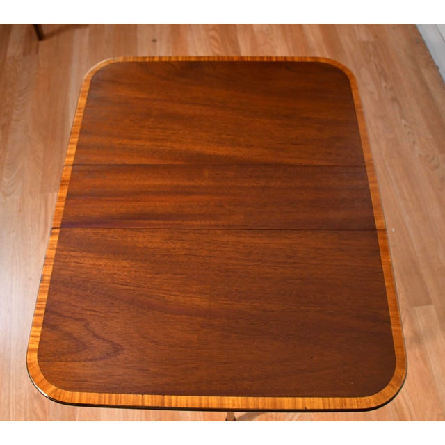 Wood 1920s Antique English Mahogany Banded Satinwood Drop-Leaf Side Table For Sale - Image 7 of 12