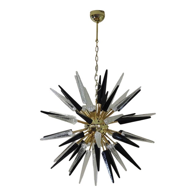 Hand-Blown Murano Glass Sputnik Chandelier, 51 Clear and Black Tips, Brass Frame For Sale