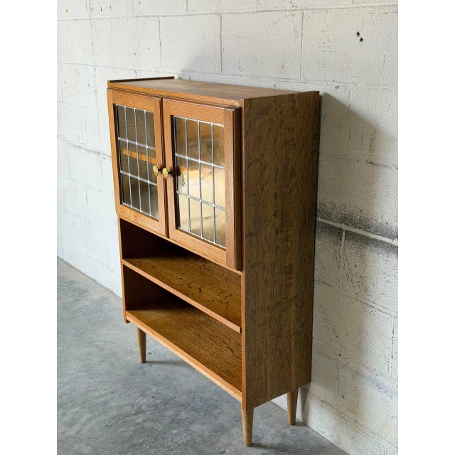 Mid-Century Modern Oak Glass Cabinet With Leaded Doors Danish Mid-Century Modern 1960s For Sale - Image 3 of 10