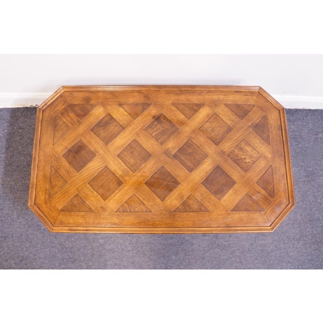 Henredon Henredon Furniture Four Centuries Collection Solid Oak Rustic Americana 46" Accent Coffee Table W. Lattice Parquet Top For Sale - Image 4 of 10