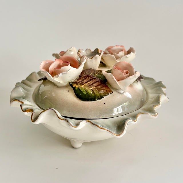 Vintage Capodimonte-Style Italian Porcelain Lidded Bowl With Pink Roses, Ruffled Edge & Feet For Sale - Image 4 of 11