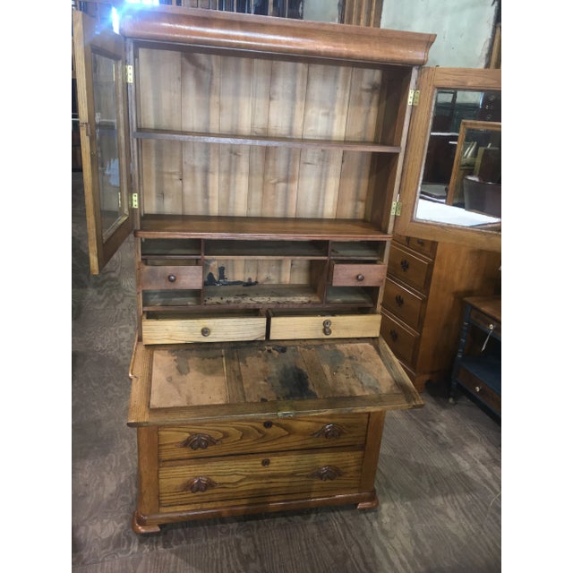 Antique Oak & Walnut 2 Piece Drop Front Secretary Bookcase For Sale - Image 9 of 11