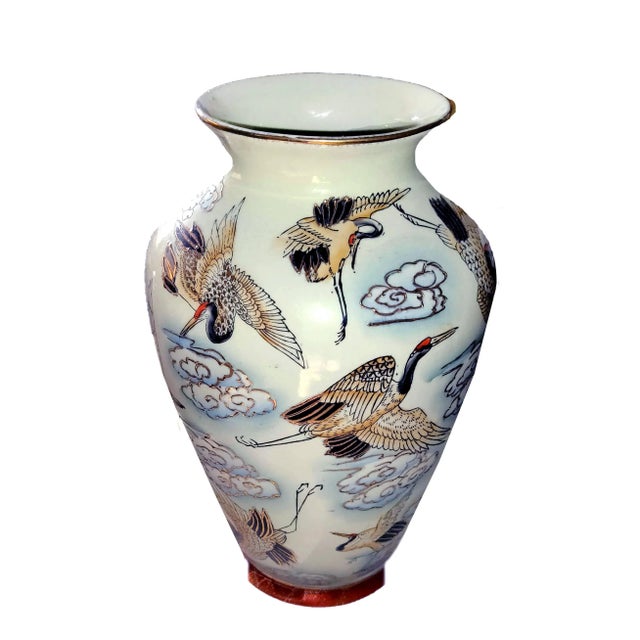 Metal Chinese Famille Rose Polychrome Freehand Raised Cranes & Clouds Motif Porcelain Vase For Sale - Image 7 of 7