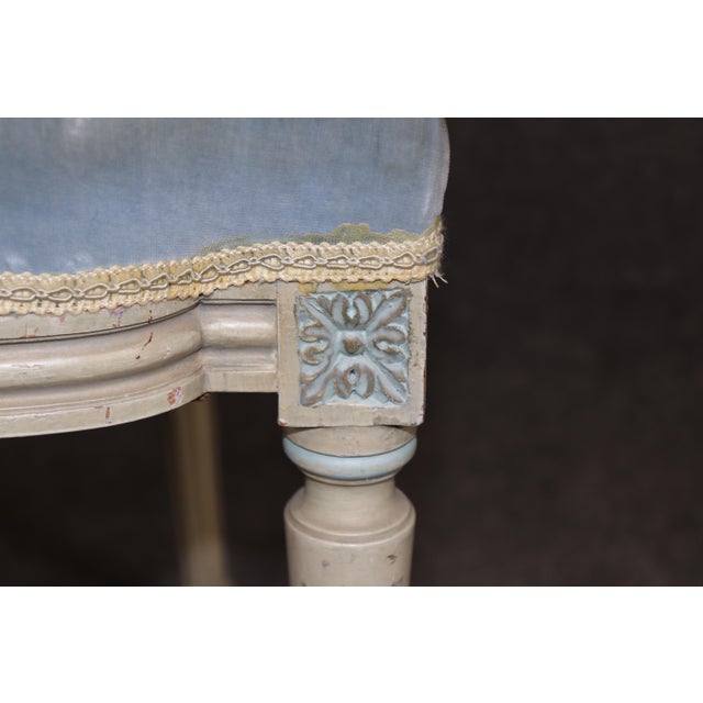 Wood Pair of French Louis XVI Style Creme & Blue Paint Decorated Armchairs C. 1930's For Sale - Image 7 of 15