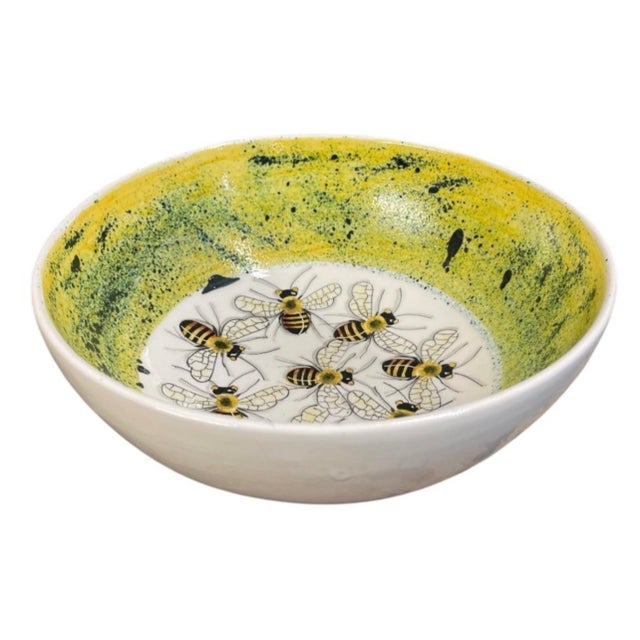 Vintage Hand-Painted Bee Motif Ceramic Bowl – Speckled Yellow Glaze Decorative Centerpiece Dish For Sale In West Palm - Image 6 of 12