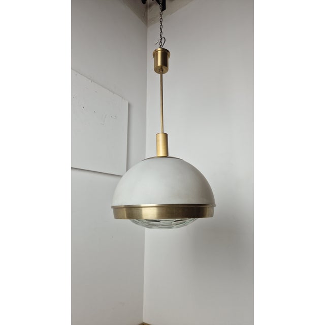 Pia Guidetti Crippa Brass-Plated Aluminum Chandelier with Diamond-Shaped Glass Lampshade by Pia Guidetti Crippa for Lumi, 1970s For Sale - Image 4 of 13