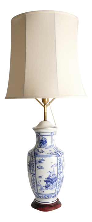 French Blue and White Willow Porcelain Table Lamp by Louis Drimmer for Limoges