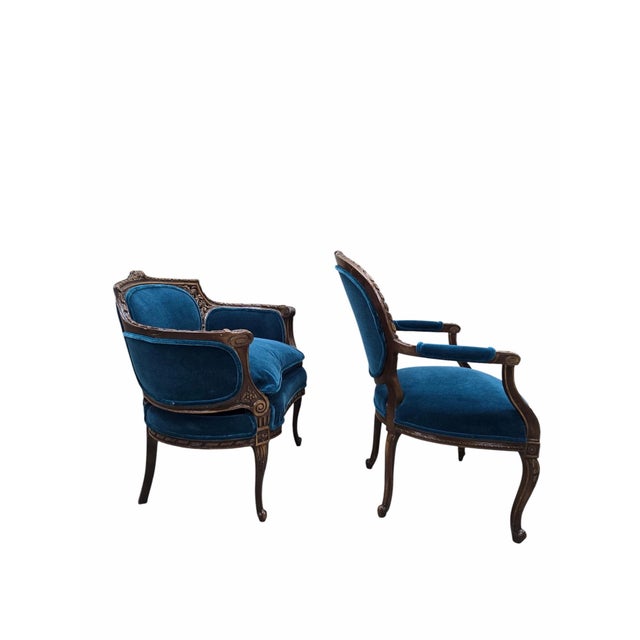 Antique French Louis XV & Louis XVI Style Armchairs Newly Upholstered in Teal Italian Mohair – Set of 2 Distinctive pair...