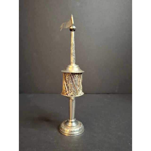 Antique 800 Silver Filigree Besamim Spice Tower Havdalah Judaica Tower Flag 86g For Sale In Boston - Image 6 of 16