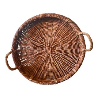 Extra Large Vintage Hand-Crafted Rattan Serving Tray With Handles For Sale
