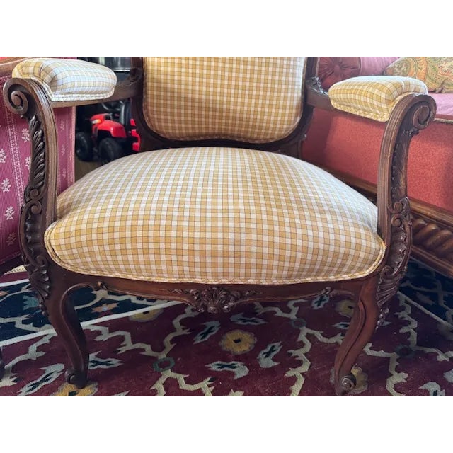 Late 19th Century Antique French Louis XV–Style Bergère Chair, Yellow Gingham Upholstery For Sale - Image 5 of 8