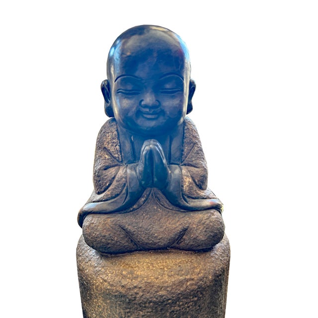 Chinese 25" Oriental Chinese Zen Young Monk Siting Meditation Stone Statue For Sale - Image 3 of 10