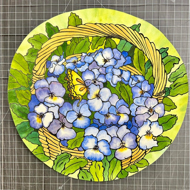 Original Watercolor Ink and Wash Painting of a “Basket of Violas” For Sale - Image 12 of 12