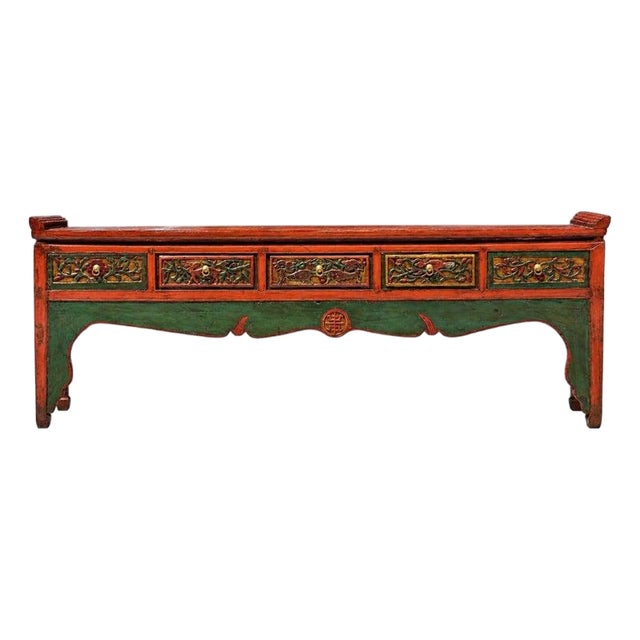 Monumental 8 Ft Extra Long 19th Century Chinese Console Altar Table Carved 5 Drawers Red Orange Green For Sale