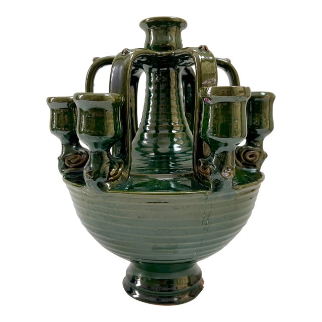 Large Vintage Boho Chic Moroccan Tamegroute Terra Cotta Pottery Candelabra Candle Holder For Sale