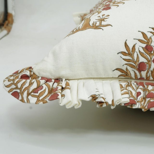 Fabdivine Indian Block Print Frill Cushion Cover Red 14x14 Inch Thick Cotton White- Anar For Sale - Image 4 of 5