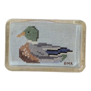 Vintage Handcrafted Mallard Duck Cross Stitch Glass Paperweight For Sale