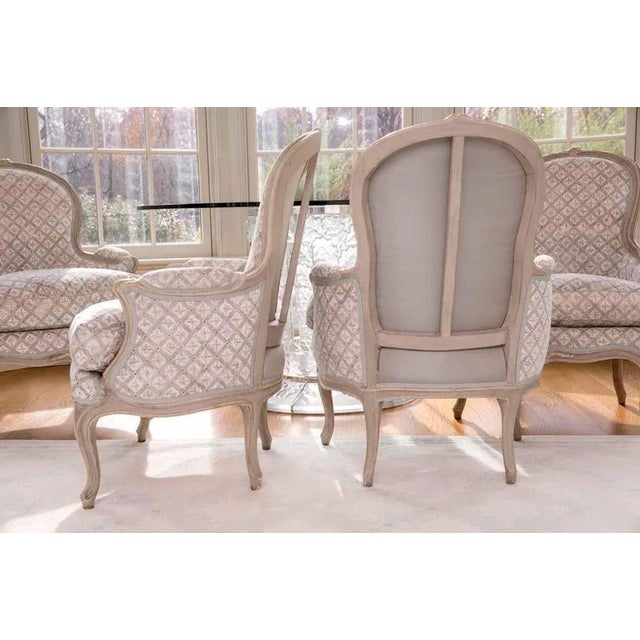 1930s Louis XV Style, Bergère Chairs, Grey Painted Wood, Fabric, France, 1890 For Sale - Image 5 of 18