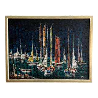 Modern Textured Harbor Scene Painting on Canvas, Framed For Sale