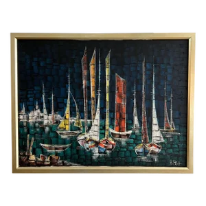Modern Textured Harbor Scene Painting on Canvas, Framed