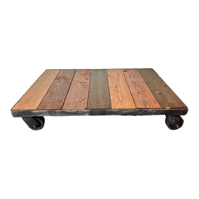VTG Industrial Factory Cart Coffee Table, Wood Top and Metal Casters For Sale